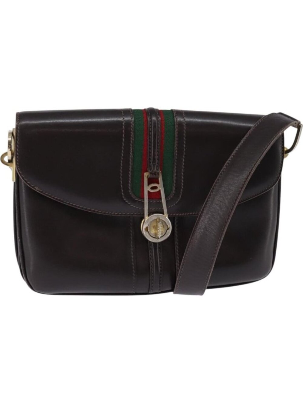 GUCCI Web Sherry Line Shoulder Bag Leather Dark Brown Gold Red